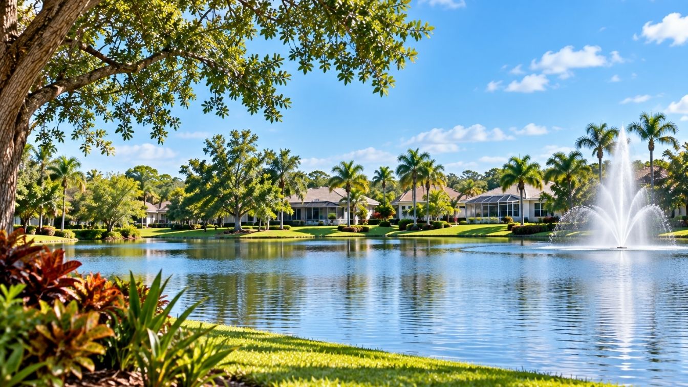 Pond with fountain and homes in a Trinity, Florida residential community