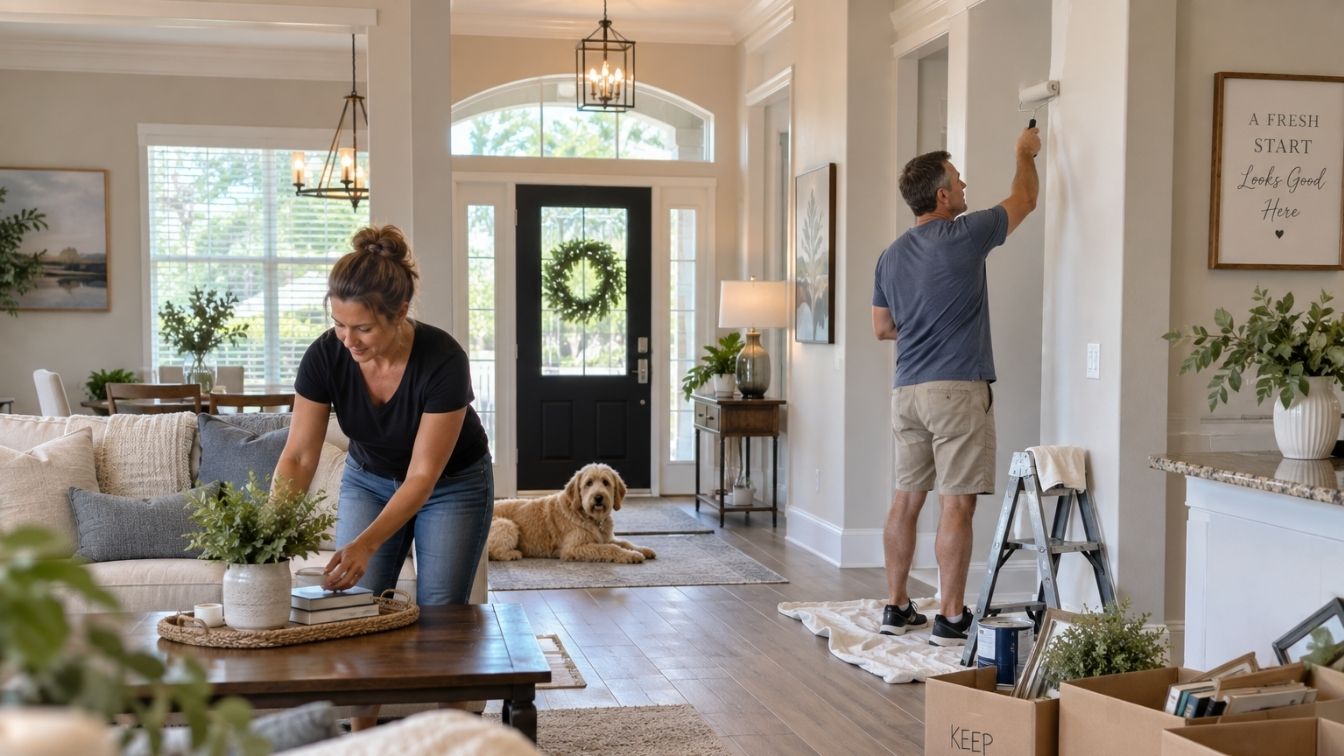 Homeowners preparing and painting a home before selling
