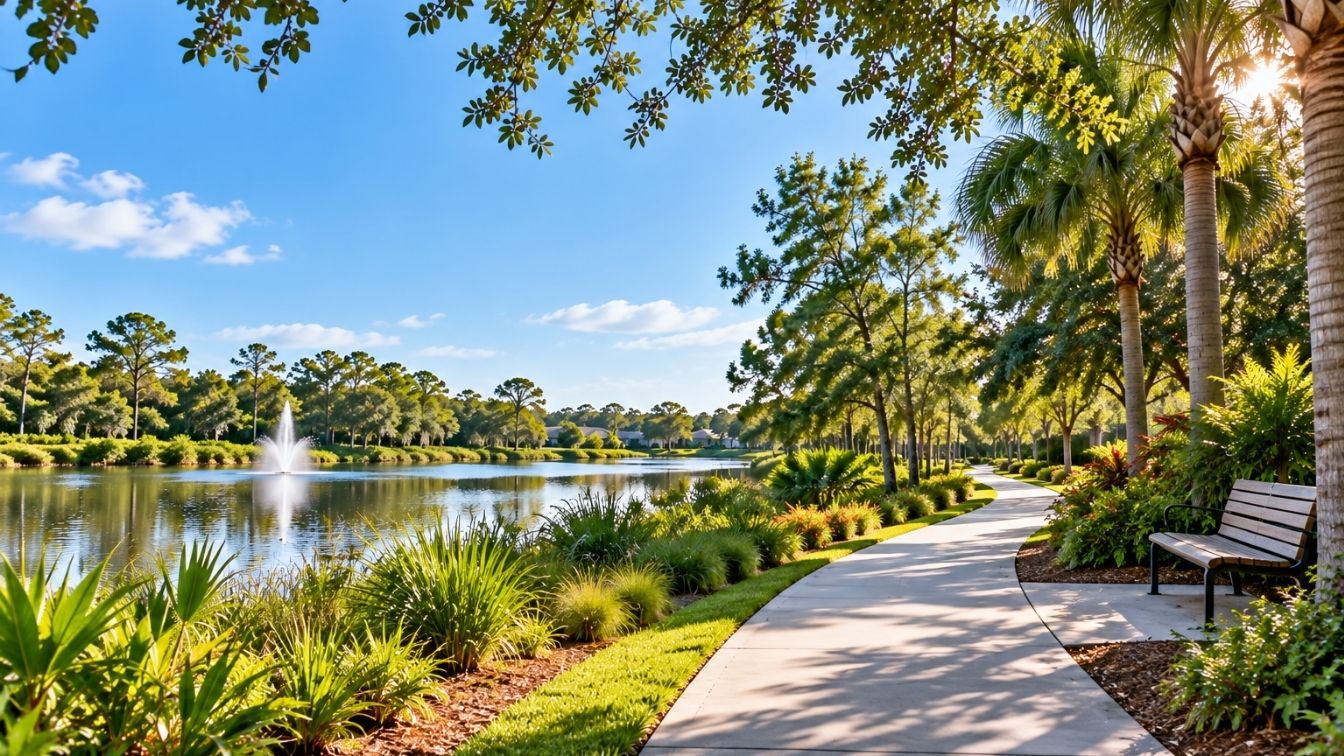 Landscaped walking trail beside a lake in Trinity, Florida